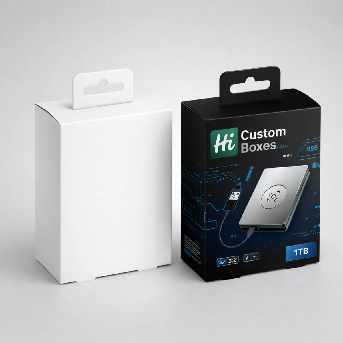 3D render of a plain white and branded black hanging box for hard drive retail. class=